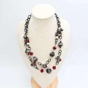 Vintage Premier Designs Red & White Beaded Silvertone Multi-Strand Necklace